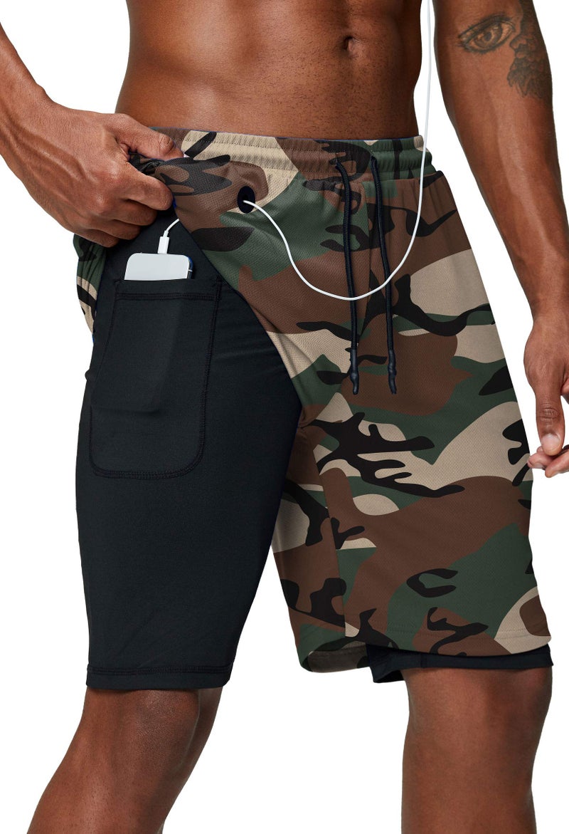 Pinkbomb Men's 2 in 1 Running Shorts Gym Workout Quick Dry Mens Shorts with Phone Pocket (Green Camo, X-Large) - Image 1